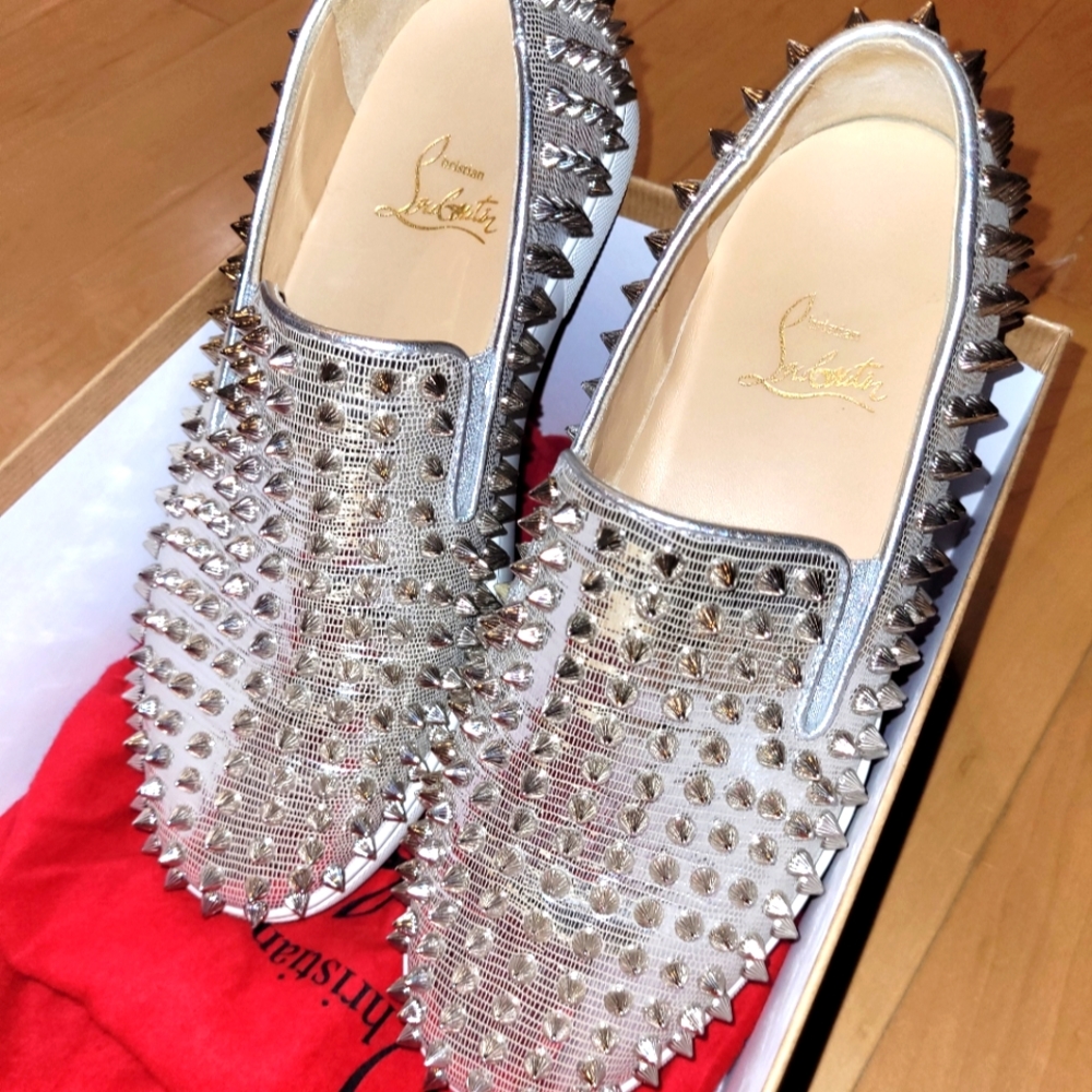 Christian Louboutin Spiky Silver Woman's Roller Boat flat shoe